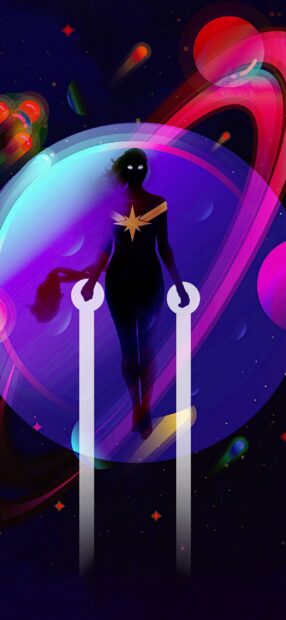 Silhouette of a cosmic superhero with a star emblem floating in space
