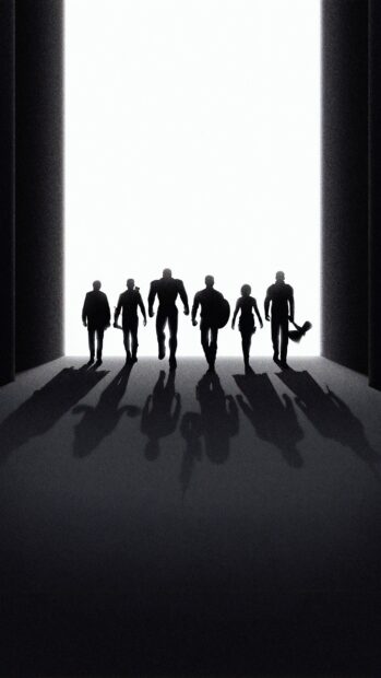 Silhouettes of iconic Marvel characters standing together in a minimalist style