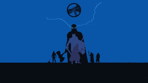 Minimalist Marvel characters standing with Thor symbol and lightning in the background