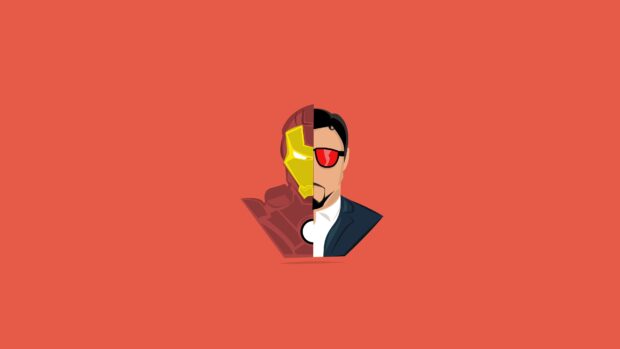 Half Iron Man mask and half Tony Stark face on red background minimalism
