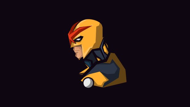 Marvel character in a minimalist style with yellow and red helmet and dark suit facing sideways