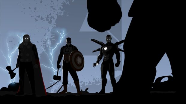 Marvel heroes silhouette with lightning and weapons in minimalist style
