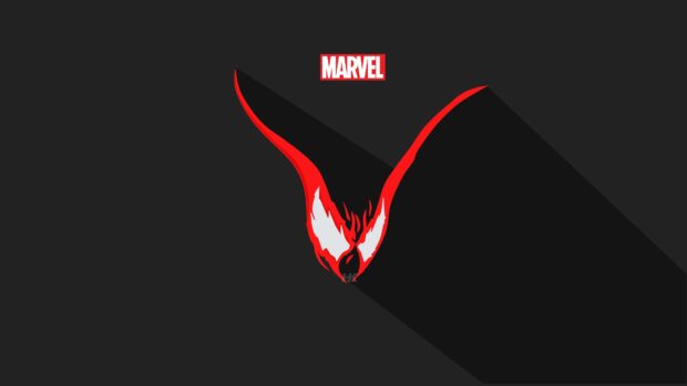 Marvel symbiote mask in minimalist red and white design on dark background