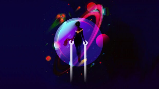 A minimalist silhouette of a Marvel character with a star symbol floating in space themed design