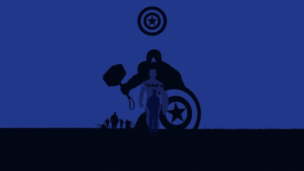 Minimalist Captain America design featuring Marvel characters and symbols in dark blue tones