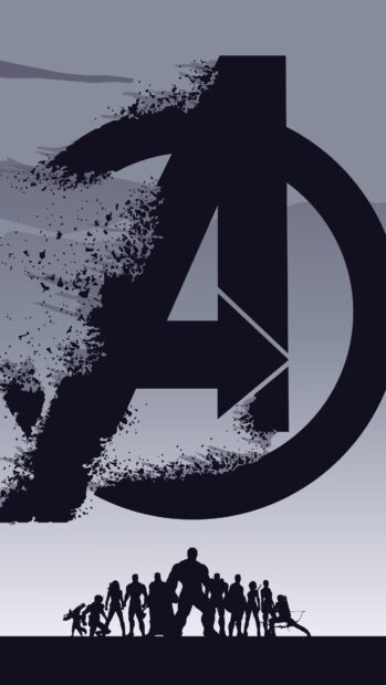 Minimalist Avengers logo with silhouettes of Marvel heroes standing below