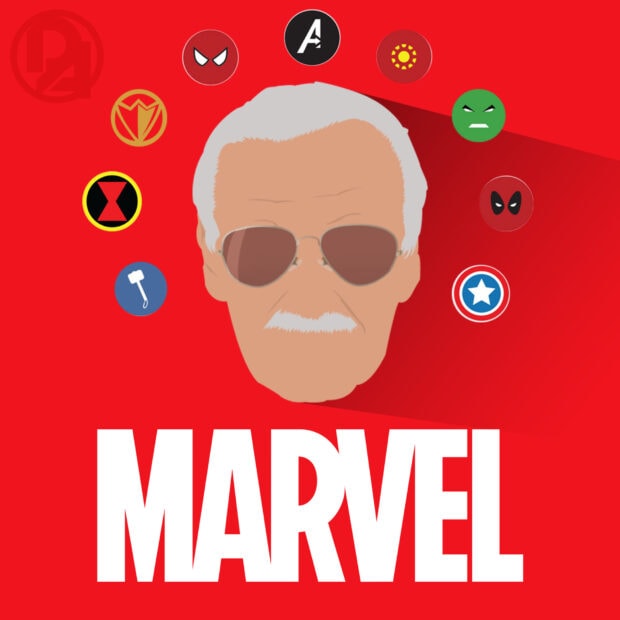Minimalist illustration of Marvel symbols and Stan Lee on a red background