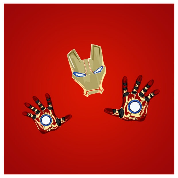 Iron Man mask and gauntlets on a red minimal design representing Marvel