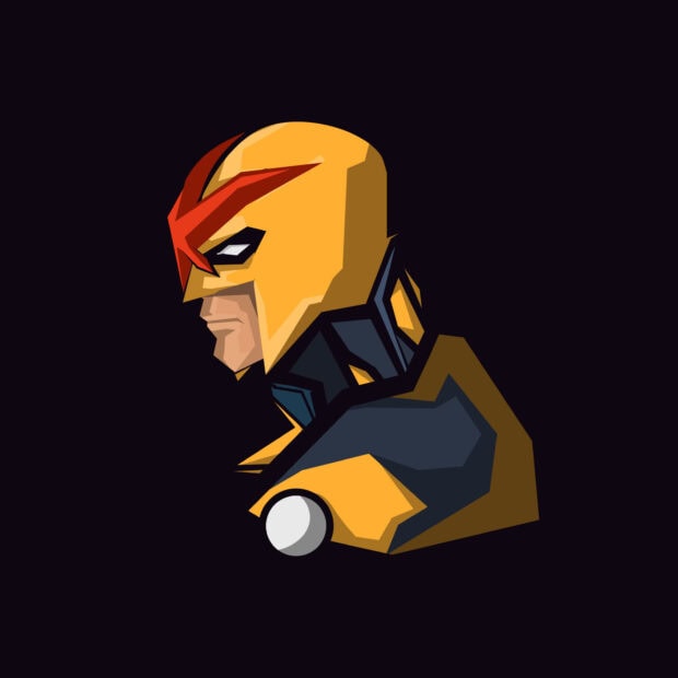 Minimalist illustration of Marvel character in yellow and red helmet facing sideways