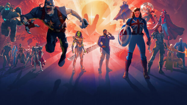 A group of Marvel characters from What If series stand ready for battle with a glowing background, 4K Desktop Wallpaper