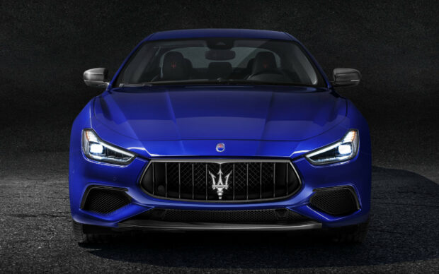 Blue Maserati front view showing luxury car design and sporty grille