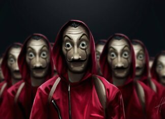 The image shows multiple masked characters in red hoodies inspired by Money Heist series, HD Desktop Wallpaper
