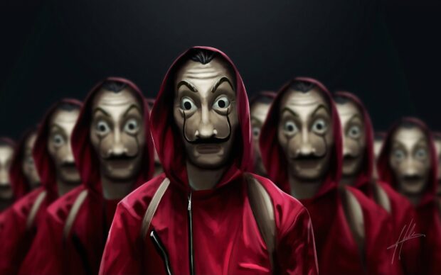 The image shows multiple masked characters in red hoodies inspired by Money Heist series, HD Desktop Wallpaper