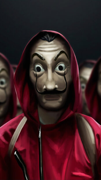 Money Heist Wallpapers, The masked figure in a red hoodie is highlighted among others in this Money Heist scene, HD Phone Wallpaper