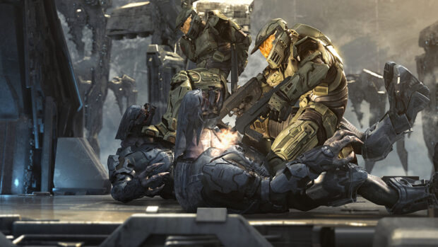 Master Chief đang tham gia chiến đấu với một đối thủ ngoài hành tinh trong cảnh Halo Wars căng thẳng này, Hình nền máy tính HD