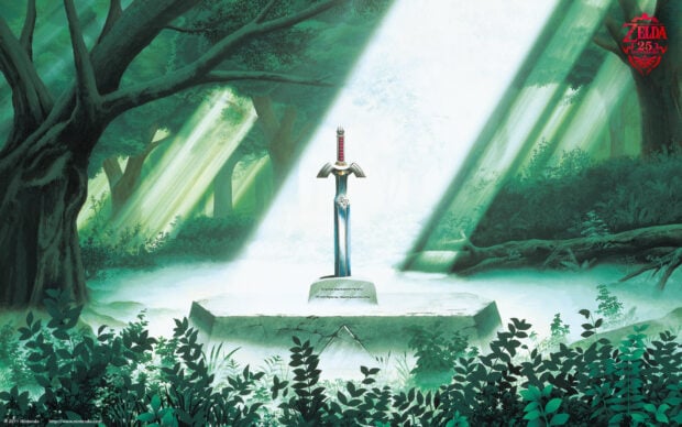 The Legend Of Zelda features the Master Sword resting in a forest clearing bathed in light, HD Desktop Wallpaper