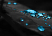 Close up of matte black surface with blue water drops, 4K Mobile Wallpaper