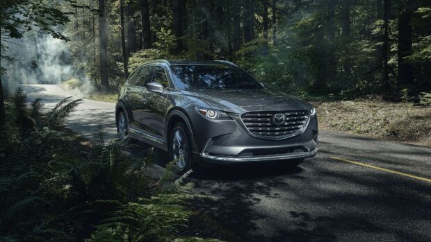 A Mazda car is driving on a winding forest road surrounded by tall trees and greenery, 4K Desktop Wallpaper