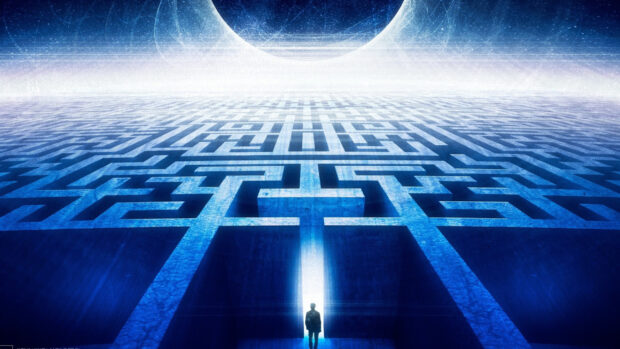 A person standing at the entrance of a glowing blue maze under a cosmic sky