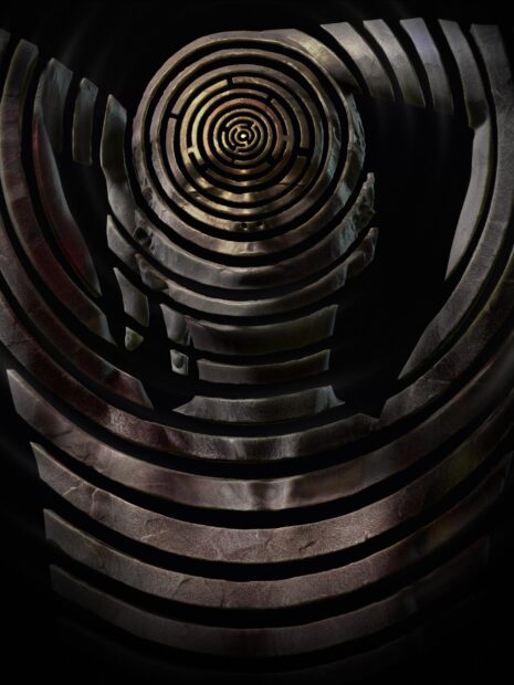 A textured labyrinth maze with concentric circular patterns creating a 3D effect in dark tones