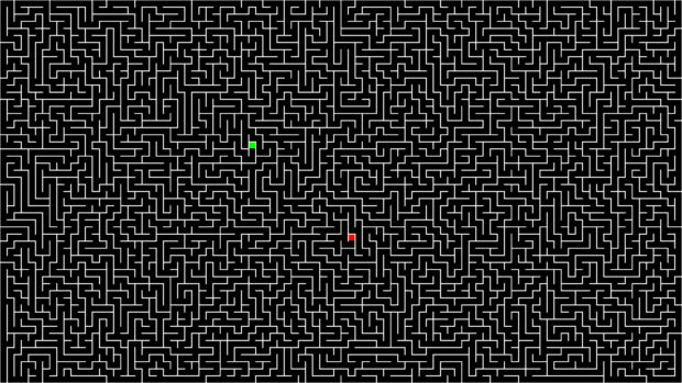 A complex black and white maze with a red square near the center and a green square closer to the left side