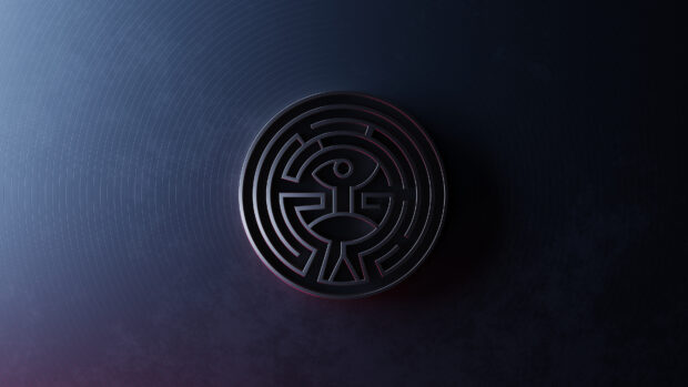 A black circular maze with a keyhole design in the center on a dark blue background