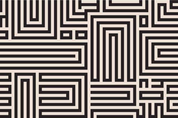 Black and beige maze pattern with geometric shapes forming intricate paths maze