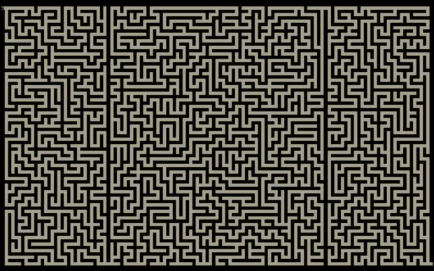 A complex maze pattern with interconnected pathways forming a detailed labyrinth design