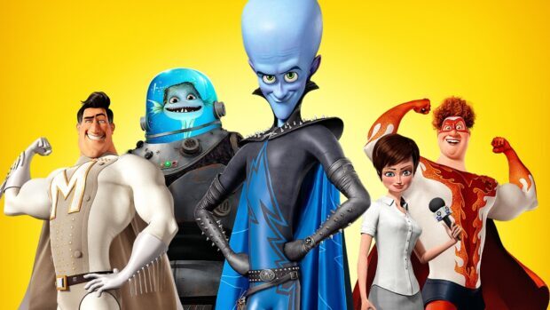 Megamind character and other heroes standing confidently against a bright yellow background
