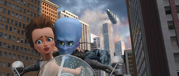 Megamind character holding a woman on a motorcycle in a city scene with a large thruster in the sky