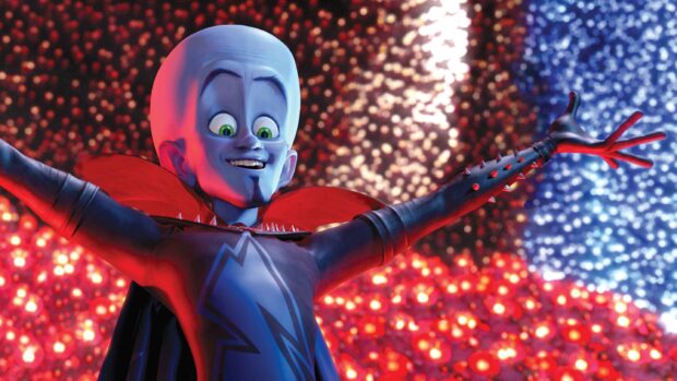 Megamind character with blue skin and red cape smiling with colorful lights in the background