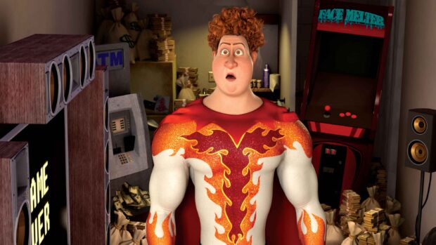 A character from Megamind wearing a white and red fiery suit stands surprised in a room filled with money bags and arcade machines