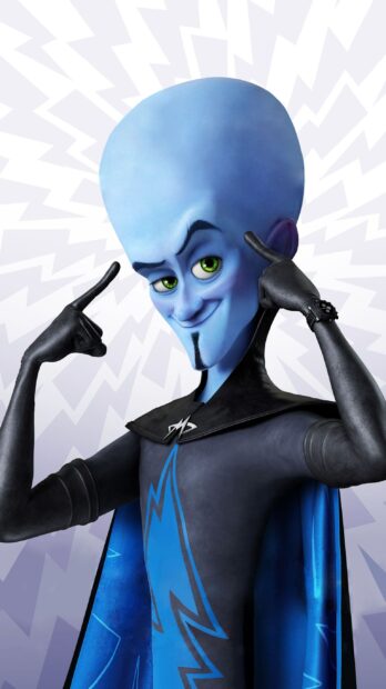 Megamind character with blue skin and green eyes posing confidently with fingers pointing to his head
