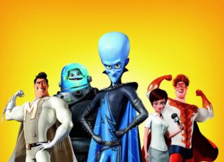 The main characters from Megamind standing confidently on a bright yellow background