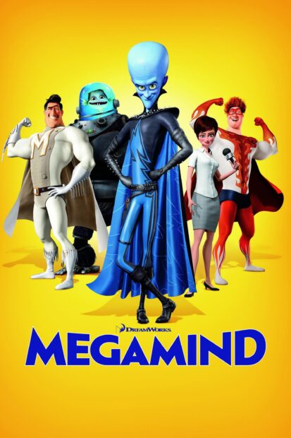 The main characters from Megamind standing confidently on a bright yellow background