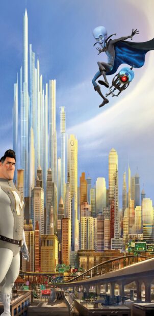 Megamind character flying above a futuristic city with a hero standing below on a busy highway