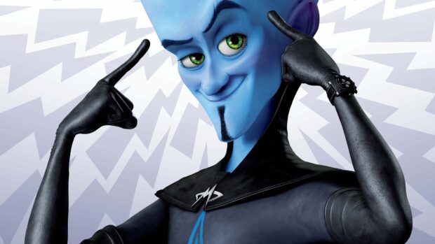 Megamind character pointing to his head with a confident smile on a stylized background