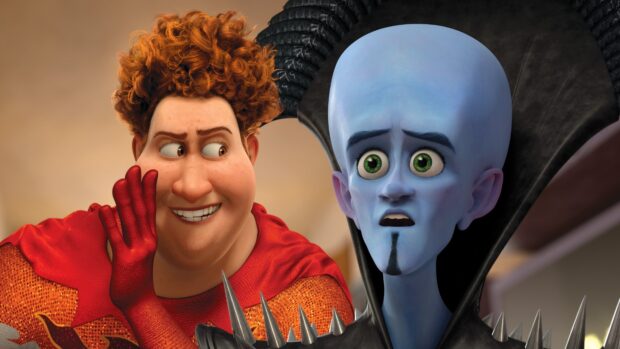 Megamind character with a large blue head and another character with red curly hair whispering nearby