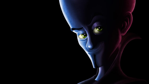 Megamind character with glowing green eyes and confident smile on black background