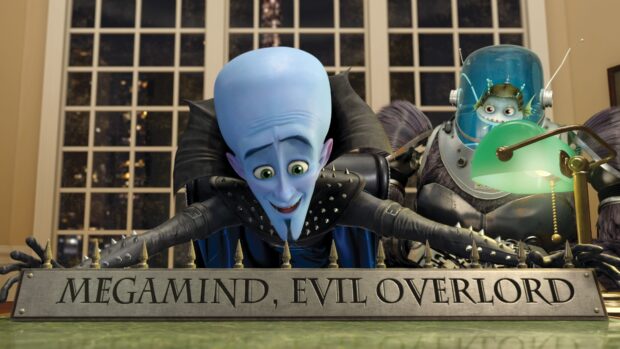 Megamind character leaning over a nameplate in a room with a large window behind him