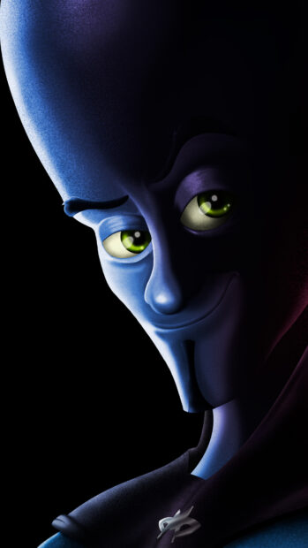 Close up of Megamind character with green eyes and sly smile in high quality 4K