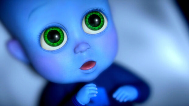 Close up of Megamind character with green eyes and blue skin from animation