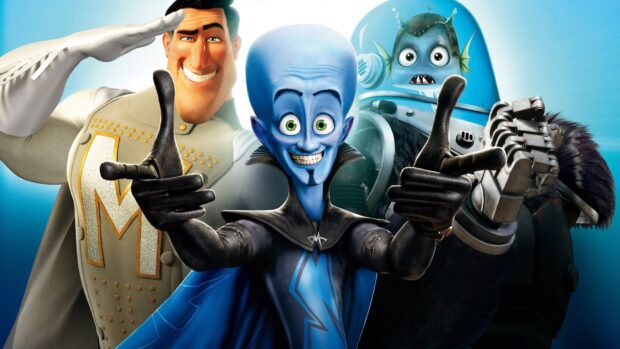 The Megamind character smiling with two allies in a colorful animated scene
