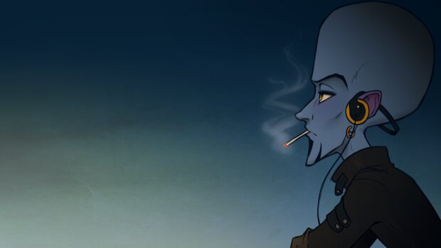 Megamind character smoking a cigarette with headphones on in a dark background