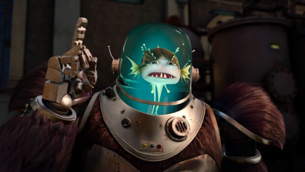 Megamind character with a robotic suit and fish inside a helmet in a dark environment