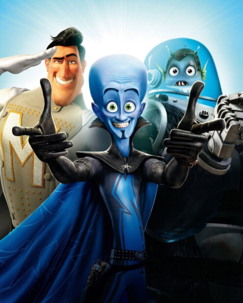Megamind character with blue skin and villain outfit posing with friends in HD quality