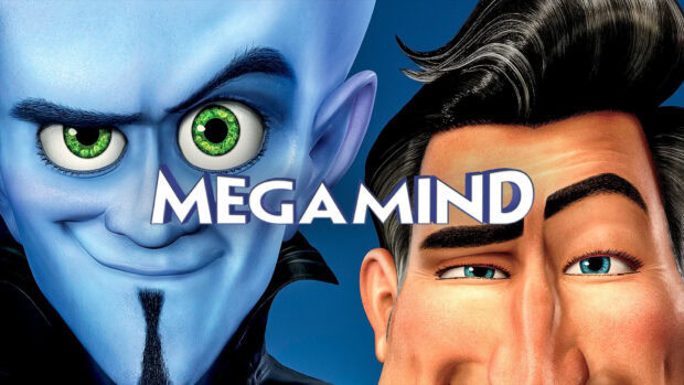 Close up of Megamind character with a blue face and green eyes in a Megamind scene