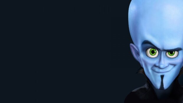 Megamind character with green eyes and blue skin smiling confidently