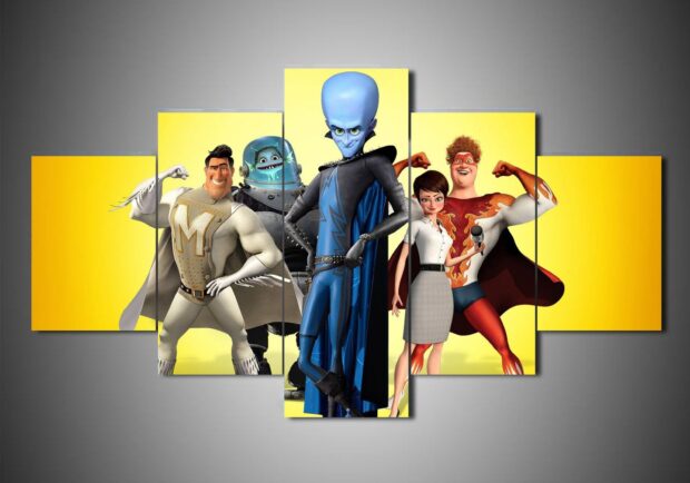 Megamind characters including a blue headed hero and his allies standing confidently against a yellow background