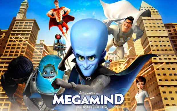 The main character Megamind stands confidently with green eyes in a city scene from Megamind